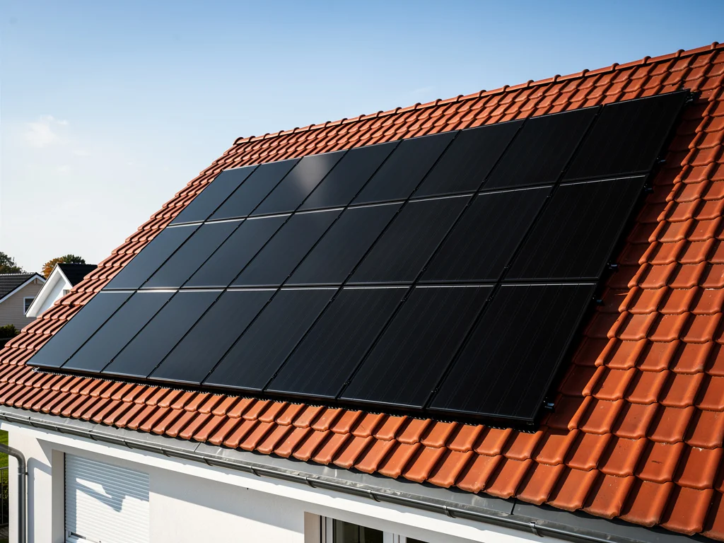 Panneaux photovoltaïques noirs alignés sur la toiture en tuiles d'un pavillon