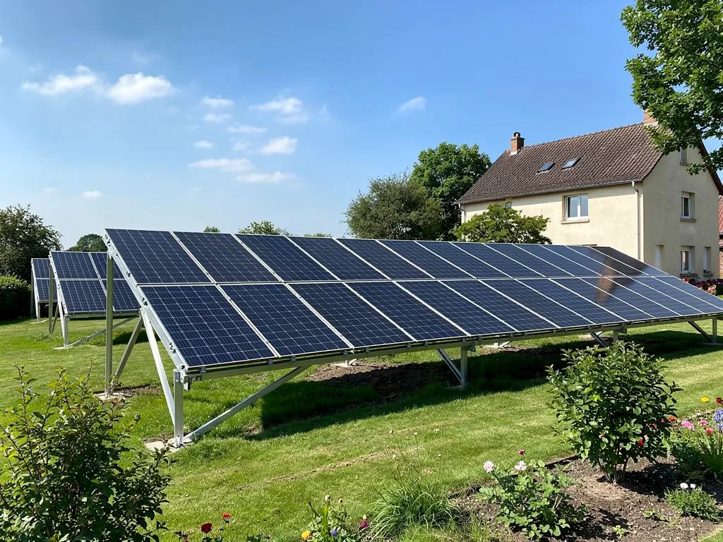 Rangée de panneaux solaires posés au sol dans un grand jardin
