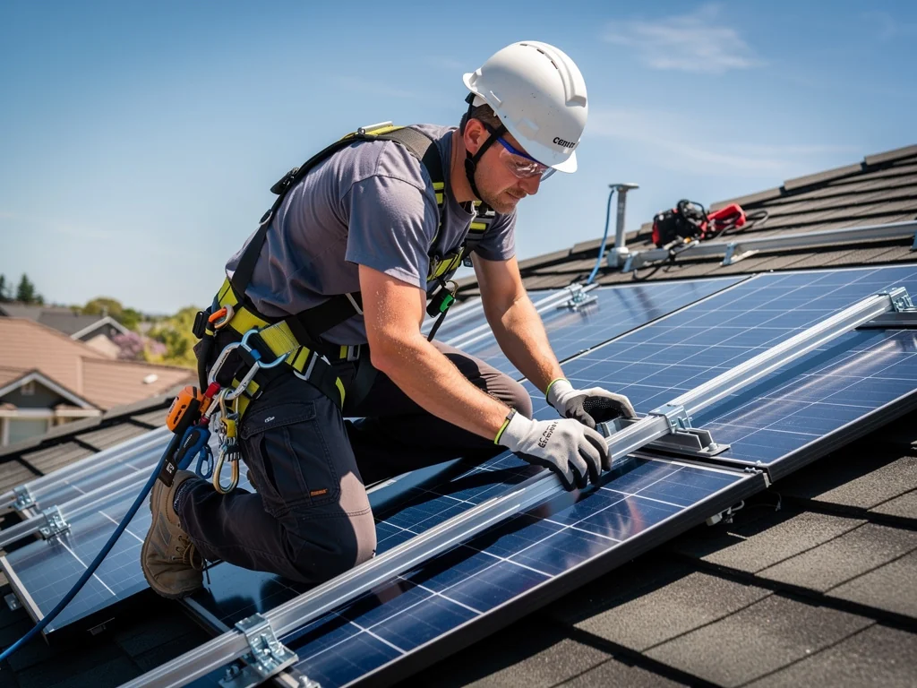 Poseur certifié RGE fixant un module photovoltaïque sur ses rails
