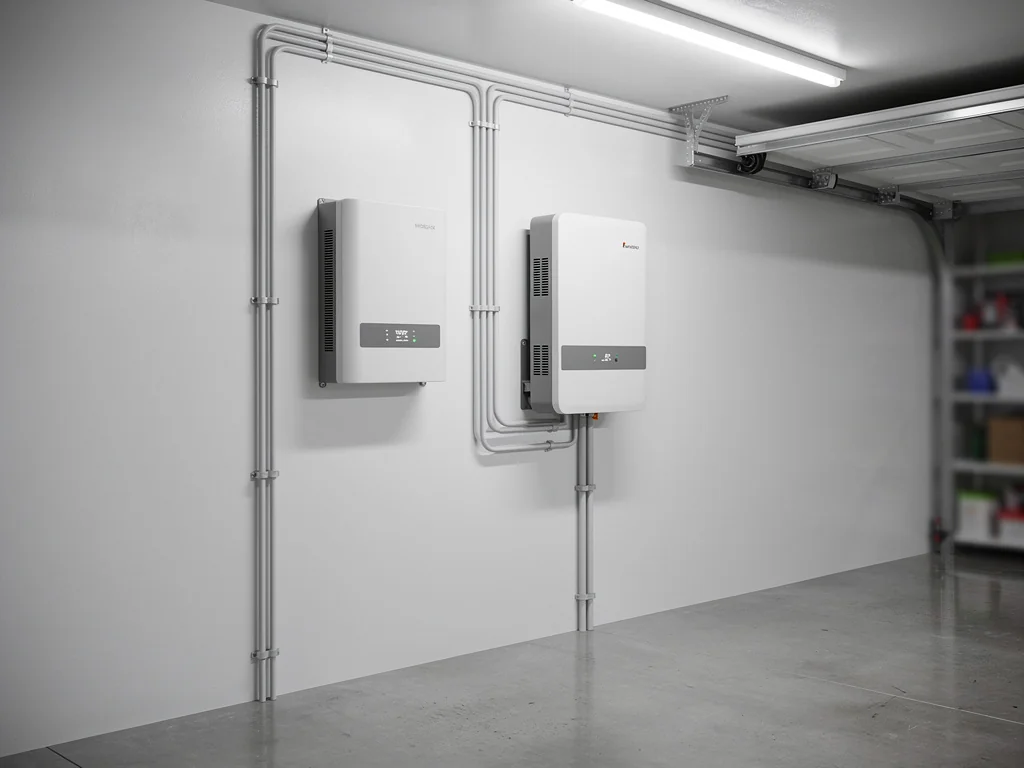 Onduleur solaire et batterie de stockage installés dans un garage